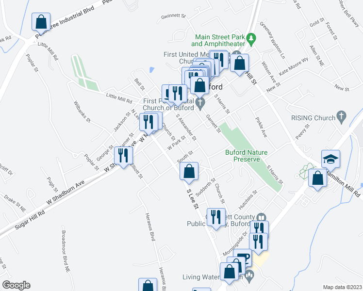 map of restaurants, bars, coffee shops, grocery stores, and more near 234 South Church Street in Buford