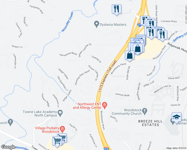 map of restaurants, bars, coffee shops, grocery stores, and more near 506 Talula Court in Woodstock