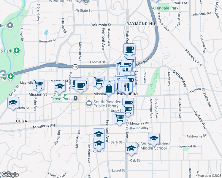 map of restaurants, bars, coffee shops, grocery stores, and more near 812 Fremont Avenue in South Pasadena