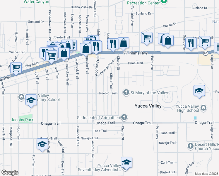 map of restaurants, bars, coffee shops, grocery stores, and more near 7476 Cibola Trail in Yucca Valley