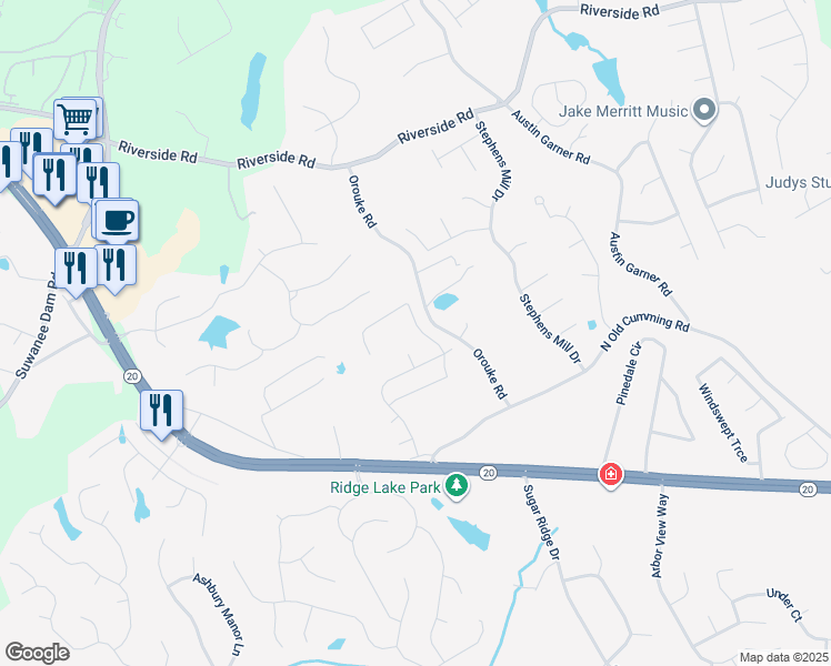 map of restaurants, bars, coffee shops, grocery stores, and more near 836 Avonley Creek Trace in Sugar Hill