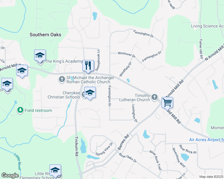 map of restaurants, bars, coffee shops, grocery stores, and more near 91 Farmington Drive in Woodstock