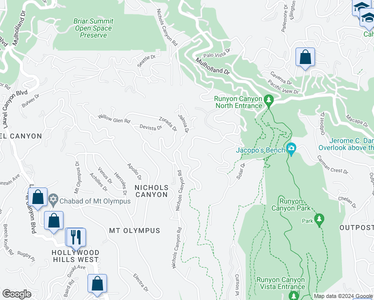 map of restaurants, bars, coffee shops, grocery stores, and more near 2535 Nichols Canyon Road in Los Angeles
