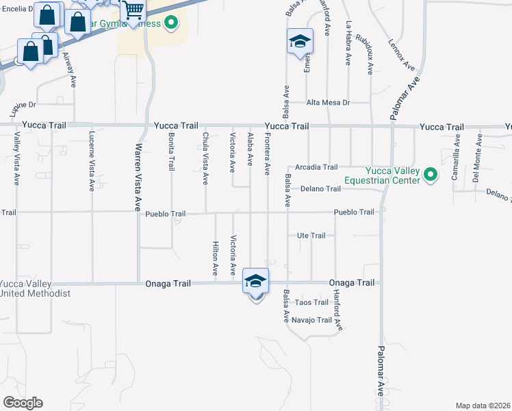 map of restaurants, bars, coffee shops, grocery stores, and more near 7517 Alaba Avenue in Yucca Valley