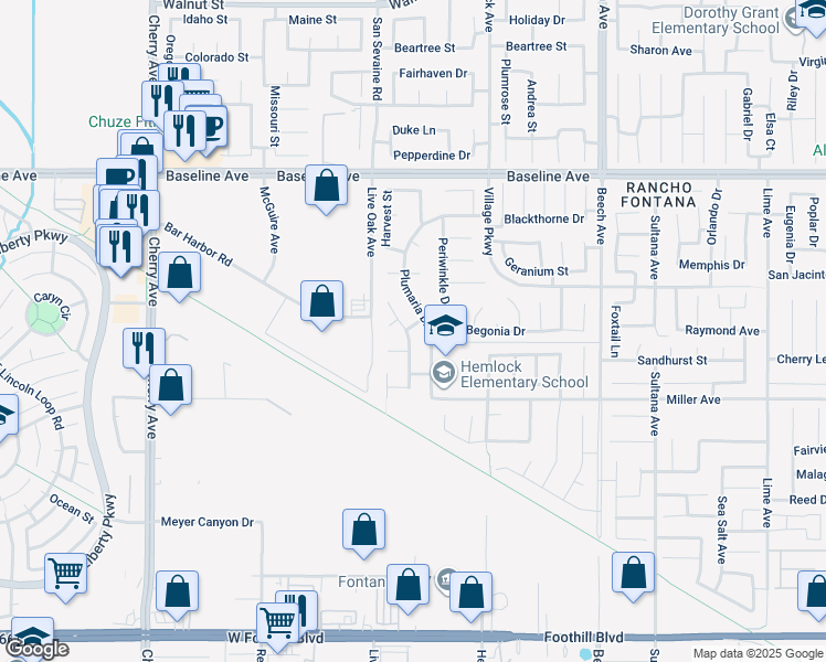 map of restaurants, bars, coffee shops, grocery stores, and more near 7555 Honeysuckle Street in Fontana