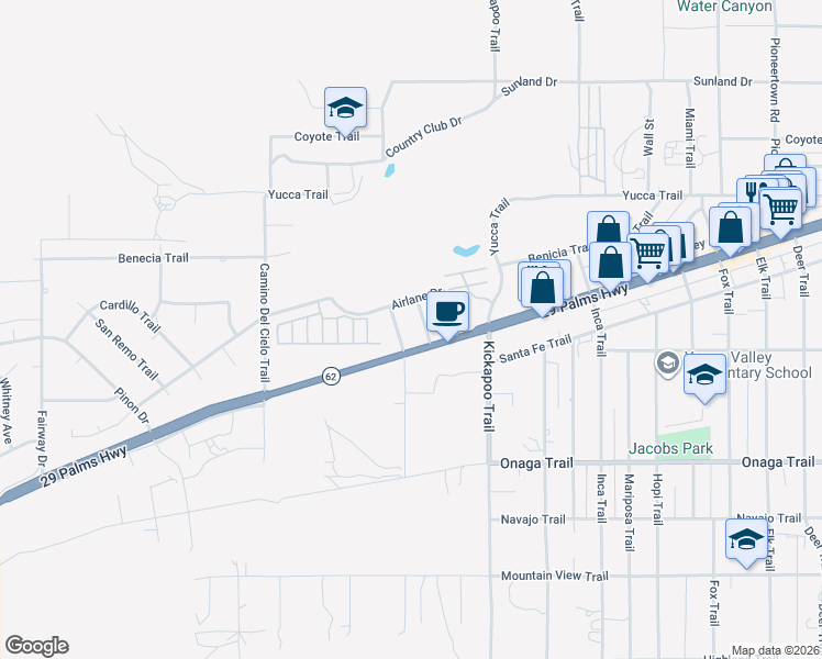 map of restaurants, bars, coffee shops, grocery stores, and more near 7471 La Honda Way in Yucca Valley