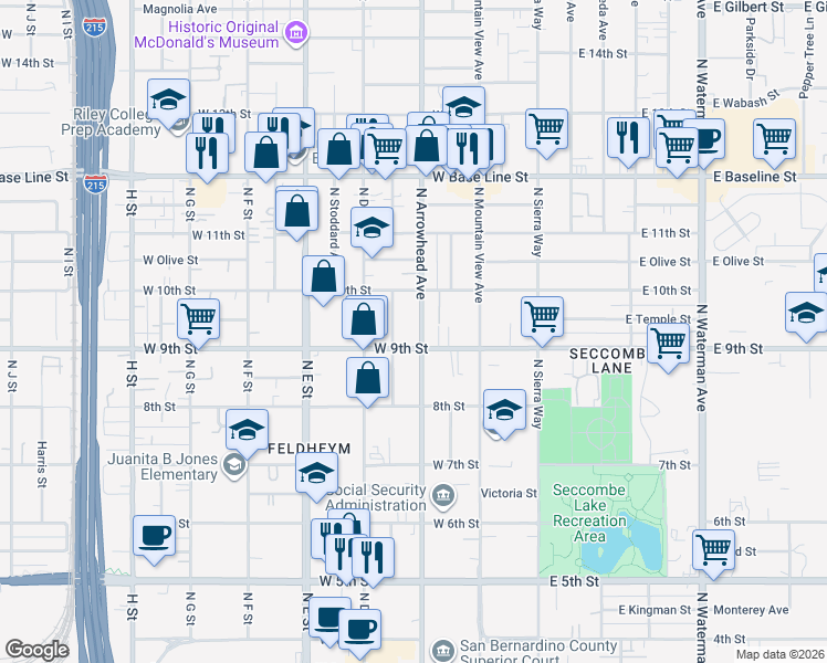map of restaurants, bars, coffee shops, grocery stores, and more near 928 North Arrowhead Avenue in San Bernardino