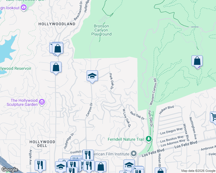 map of restaurants, bars, coffee shops, grocery stores, and more near 2541 Park Oak Drive in Los Angeles