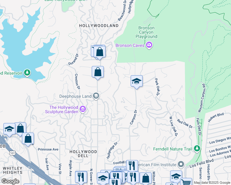 map of restaurants, bars, coffee shops, grocery stores, and more near 2720 Hollyridge Drive in Los Angeles