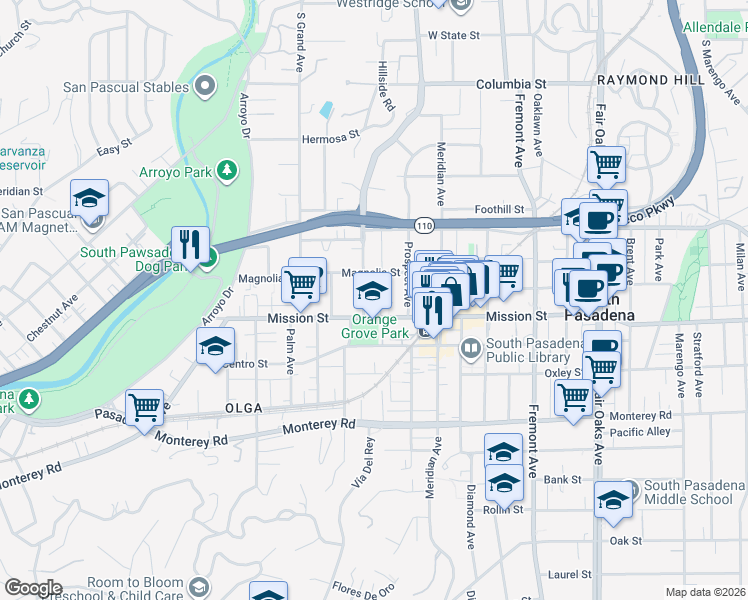 map of restaurants, bars, coffee shops, grocery stores, and more near 810 Orange Grove Avenue in South Pasadena