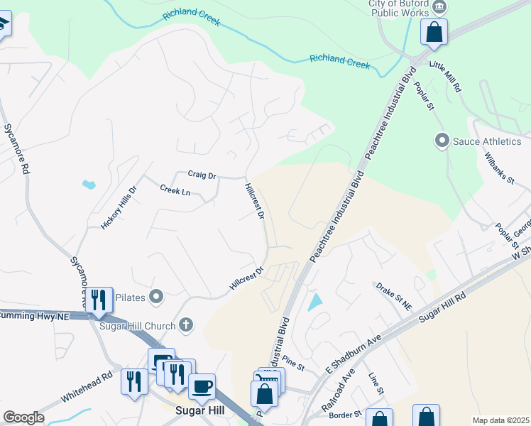 map of restaurants, bars, coffee shops, grocery stores, and more near 1258 Ainsworth Alley in Sugar Hill