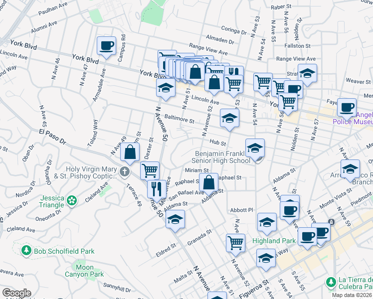 map of restaurants, bars, coffee shops, grocery stores, and more near 5153 Irvington Place in Los Angeles