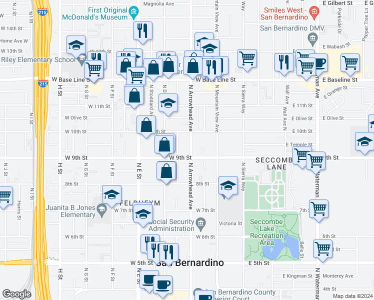 map of restaurants, bars, coffee shops, grocery stores, and more near 928 North Arrowhead Avenue in San Bernardino