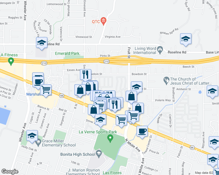 map of restaurants, bars, coffee shops, grocery stores, and more near 4095 Fruit Street in La Verne