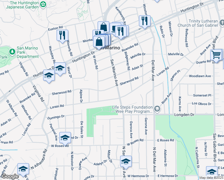 map of restaurants, bars, coffee shops, grocery stores, and more near 2190 Sherwood Road in San Marino