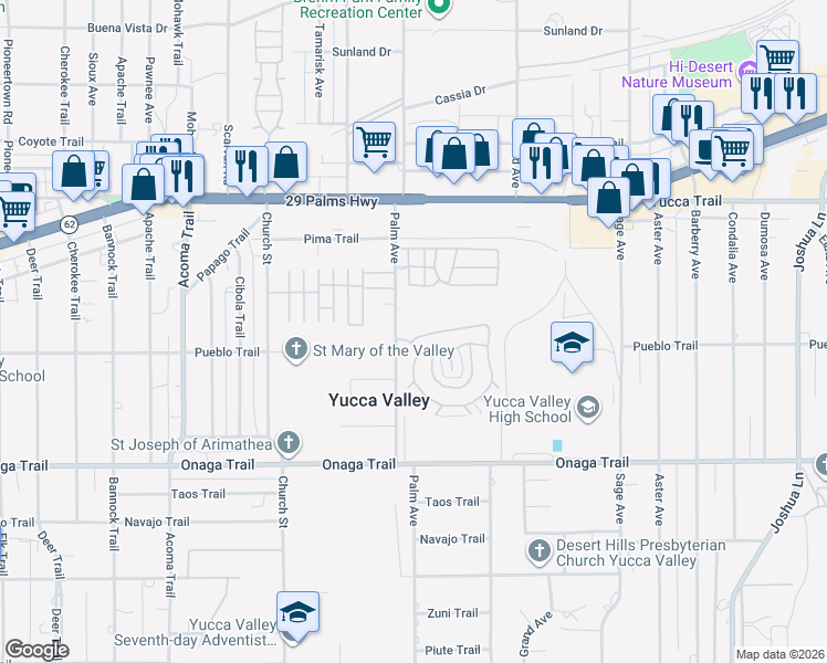 map of restaurants, bars, coffee shops, grocery stores, and more near 7501 Palm Avenue in Yucca Valley