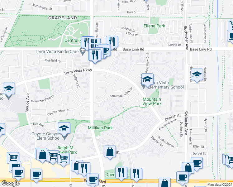 map of restaurants, bars, coffee shops, grocery stores, and more near 11457 Chesterton Drive in Rancho Cucamonga