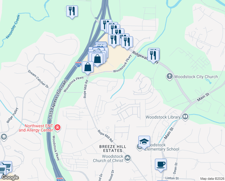 map of restaurants, bars, coffee shops, grocery stores, and more near 510 Arden Close in Woodstock