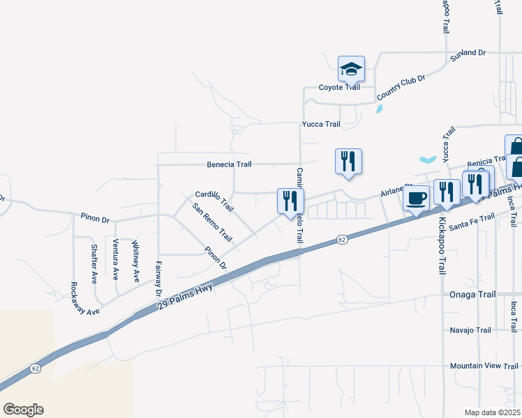 map of restaurants, bars, coffee shops, grocery stores, and more near 7485 El Prado Court in Yucca Valley