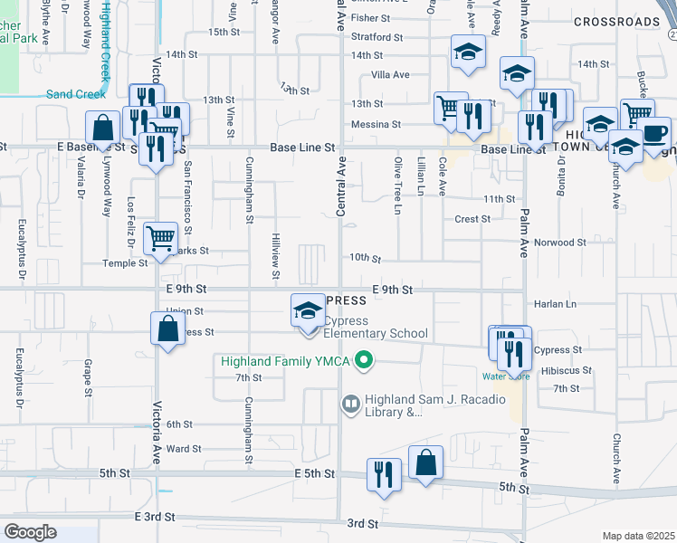 map of restaurants, bars, coffee shops, grocery stores, and more near 7516 Central Avenue in Highland