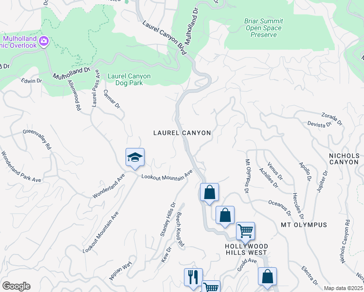 map of restaurants, bars, coffee shops, grocery stores, and more near 2451 Laurel Canyon Boulevard in Los Angeles
