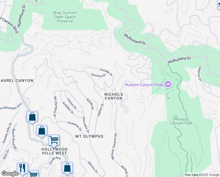 map of restaurants, bars, coffee shops, grocery stores, and more near 7507 Willow Glen Road in Los Angeles