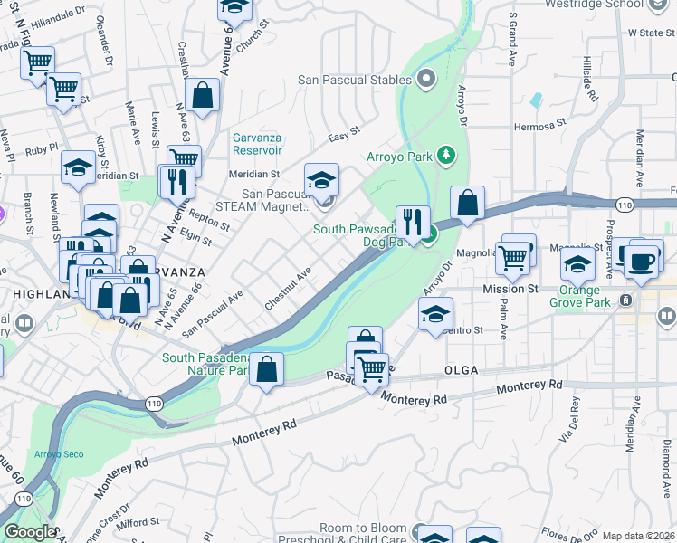 map of restaurants, bars, coffee shops, grocery stores, and more near 6899 Pollard Street in Los Angeles