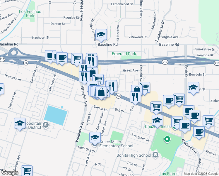 map of restaurants, bars, coffee shops, grocery stores, and more near 3802 Abby Way in La Verne