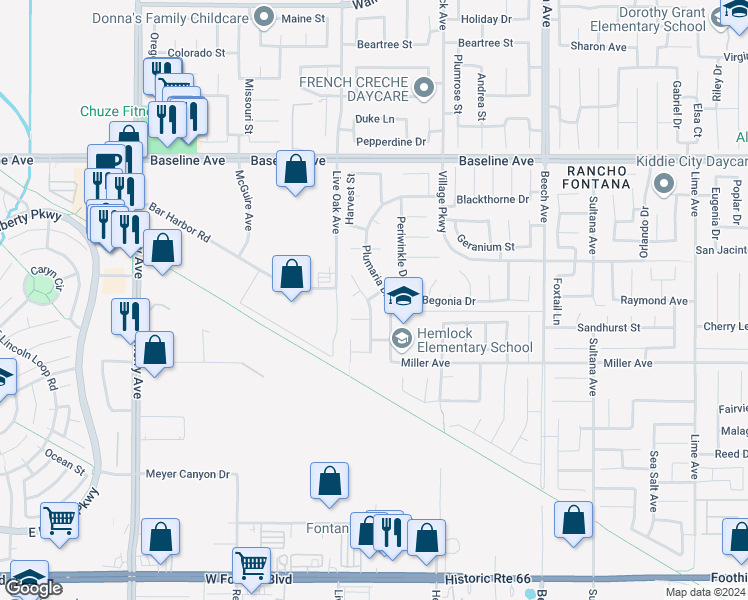 map of restaurants, bars, coffee shops, grocery stores, and more near 7555 Honeysuckle Street in Fontana
