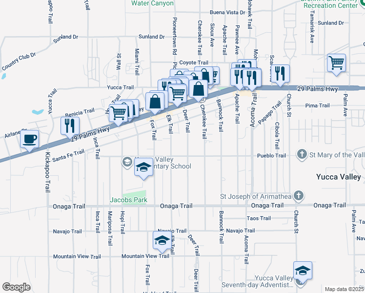 map of restaurants, bars, coffee shops, grocery stores, and more near 7470 Deer Trail in Yucca Valley