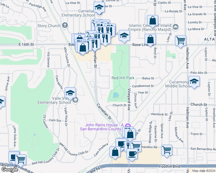 map of restaurants, bars, coffee shops, grocery stores, and more near 8782 Vivero Street in Rancho Cucamonga