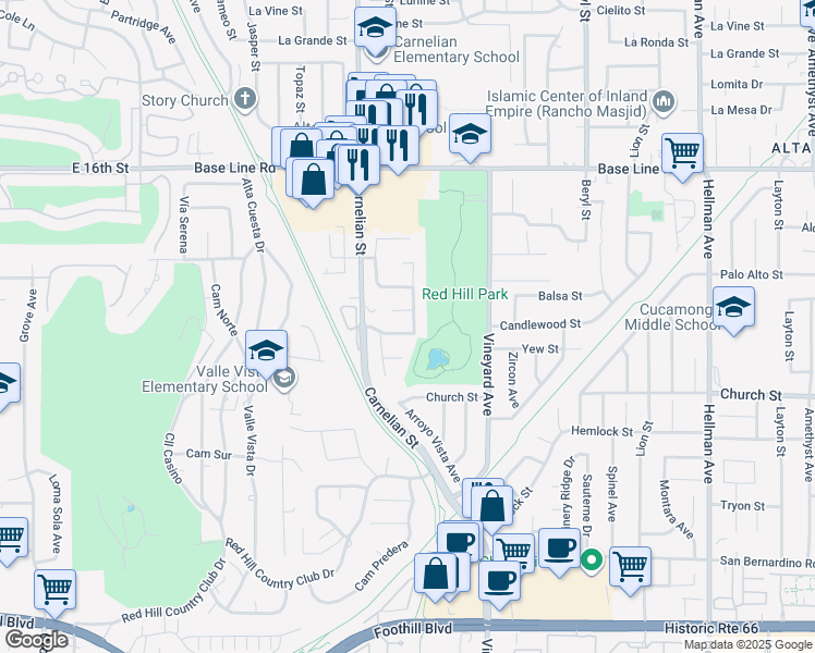 map of restaurants, bars, coffee shops, grocery stores, and more near 8782 Vivero Street in Rancho Cucamonga