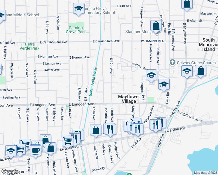 map of restaurants, bars, coffee shops, grocery stores, and more near 2655 South 10th Avenue in Arcadia