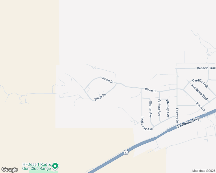 map of restaurants, bars, coffee shops, grocery stores, and more near 54046 Ridge Road in Yucca Valley