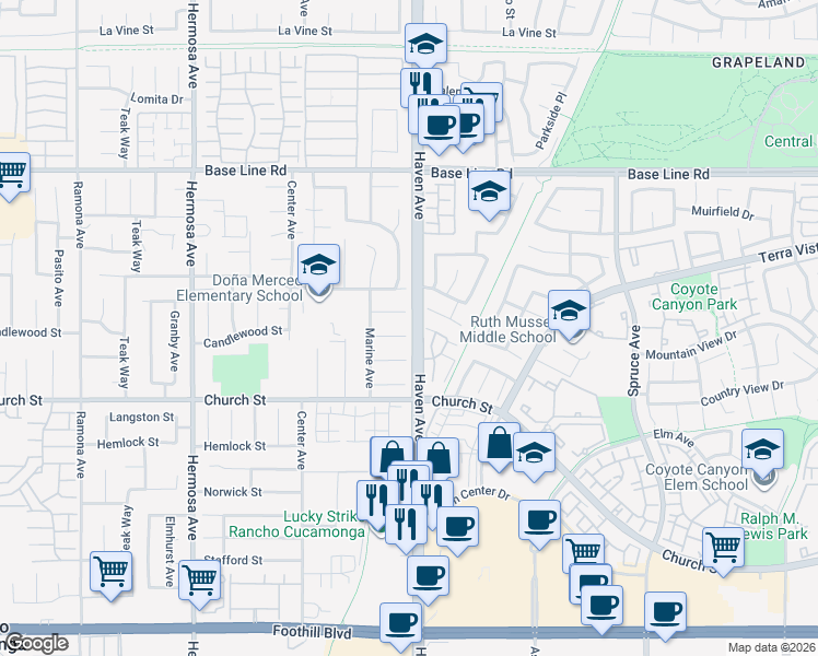 map of restaurants, bars, coffee shops, grocery stores, and more near 10488 Candlewood Street in Rancho Cucamonga