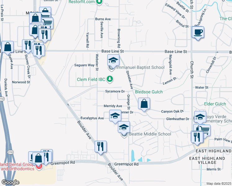 map of restaurants, bars, coffee shops, grocery stores, and more near 7546 Willow Way in Highland