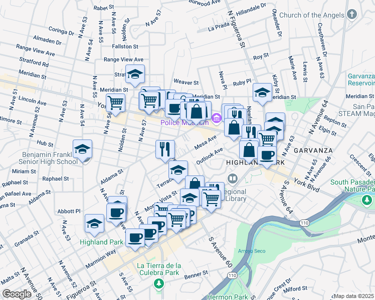map of restaurants, bars, coffee shops, grocery stores, and more near 6127 Mesa Avenue in Los Angeles
