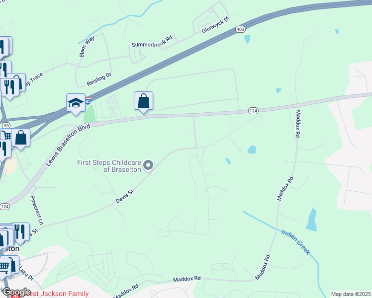 map of restaurants, bars, coffee shops, grocery stores, and more near 8817 Davis Street in Braselton