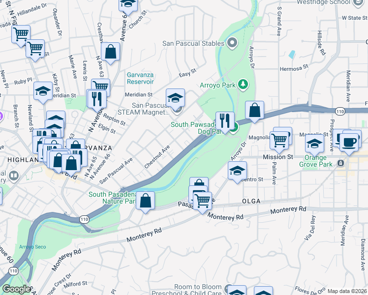 map of restaurants, bars, coffee shops, grocery stores, and more near 6899 Pollard Street in Los Angeles