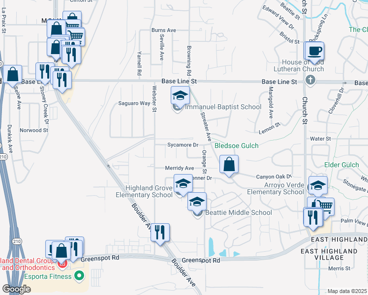 map of restaurants, bars, coffee shops, grocery stores, and more near 7546 Willow Way in Highland