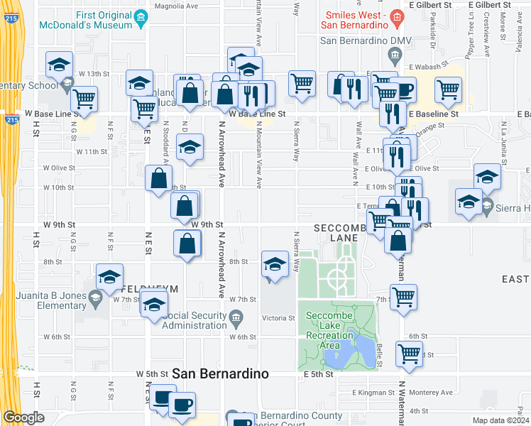 map of restaurants, bars, coffee shops, grocery stores, and more near 933 North Mountain View Avenue in San Bernardino