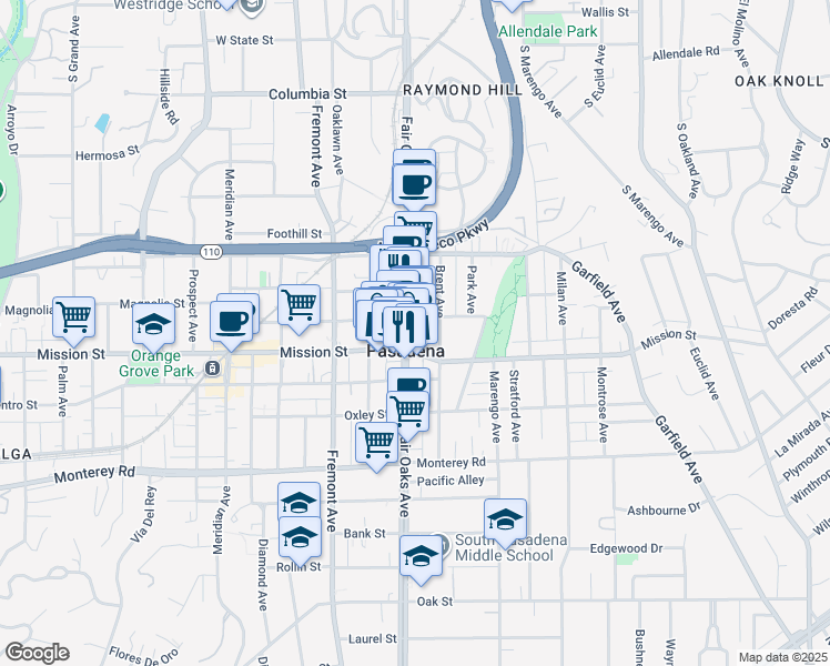 map of restaurants, bars, coffee shops, grocery stores, and more near in South Pasadena