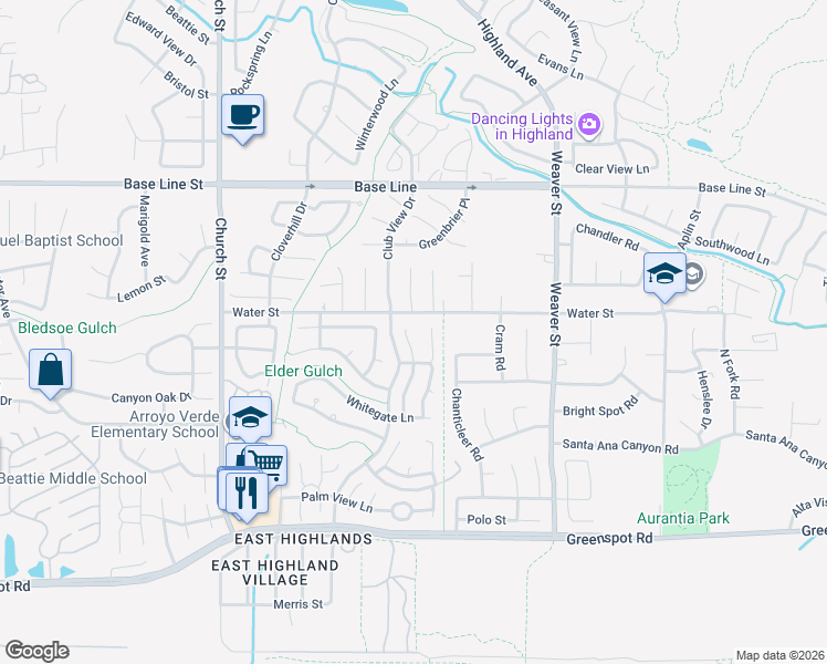 map of restaurants, bars, coffee shops, grocery stores, and more near 7580 Sweetwater Lane in Highland