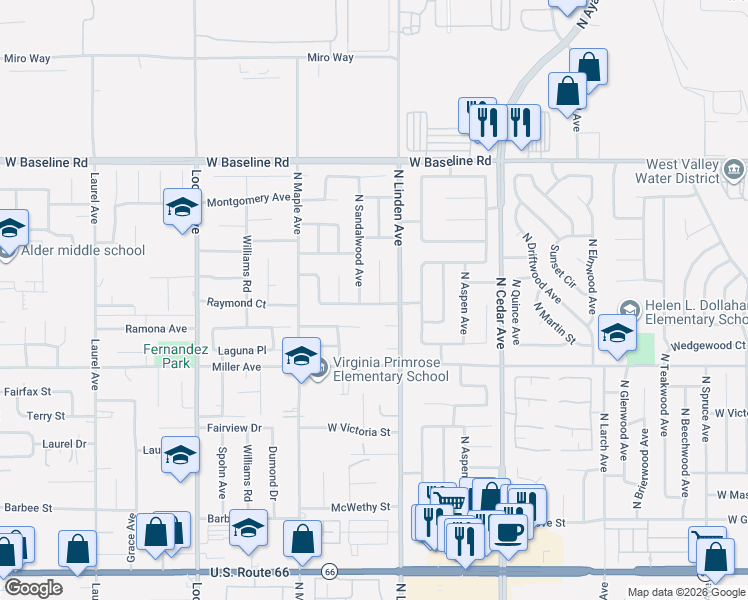 map of restaurants, bars, coffee shops, grocery stores, and more near 1539 West Holly Street in Rialto