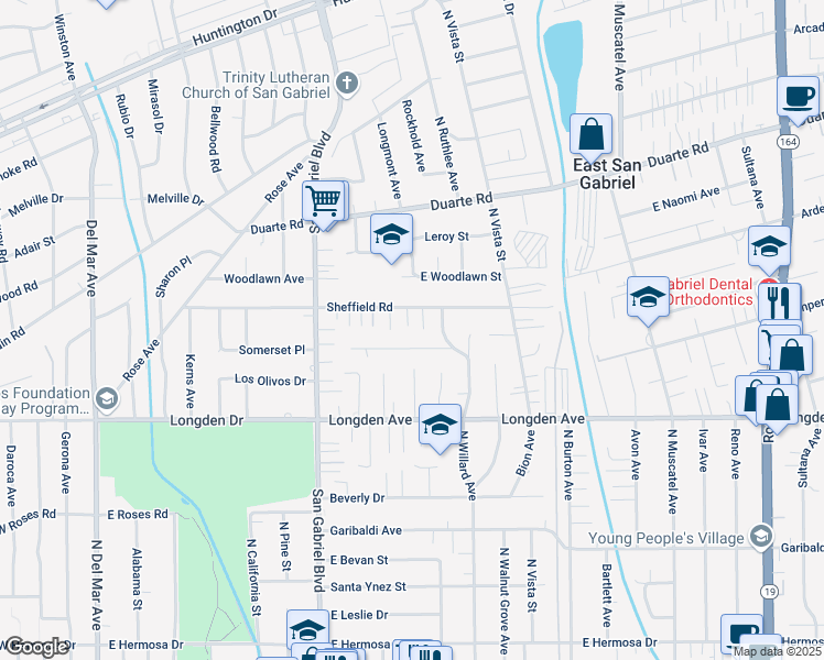 map of restaurants, bars, coffee shops, grocery stores, and more near 8345 Doris Avenue in San Gabriel