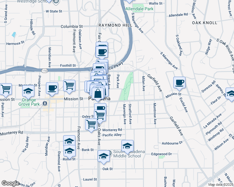 map of restaurants, bars, coffee shops, grocery stores, and more near 825 Park Avenue in South Pasadena