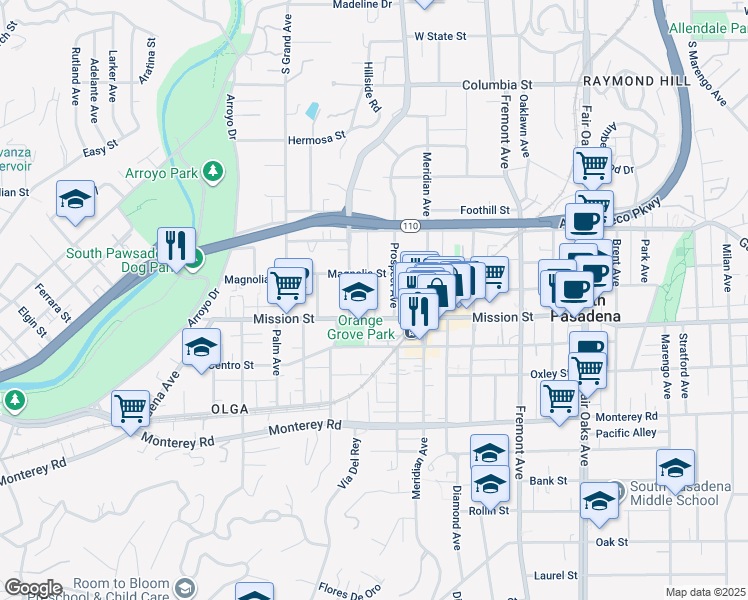 map of restaurants, bars, coffee shops, grocery stores, and more near 820 Mission Street in South Pasadena