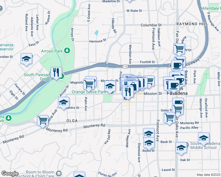map of restaurants, bars, coffee shops, grocery stores, and more near 806 Mission Street in South Pasadena
