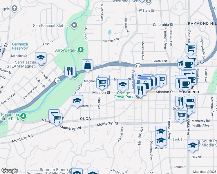 map of restaurants, bars, coffee shops, grocery stores, and more near 624 Mission Street in South Pasadena