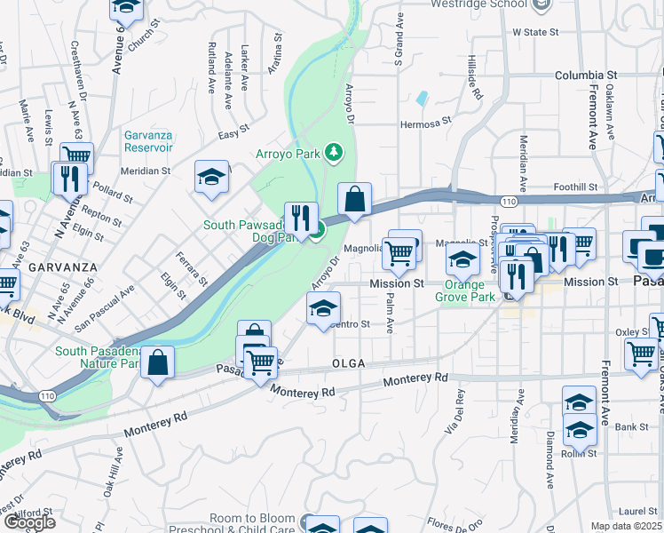 map of restaurants, bars, coffee shops, grocery stores, and more near 300 Mission Street in South Pasadena